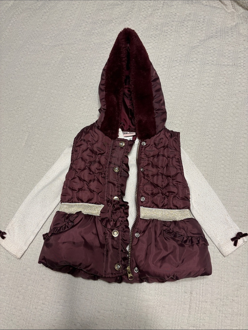 Girls' Burgundy Quilted Hooded Vest with Faux-Fur Trim